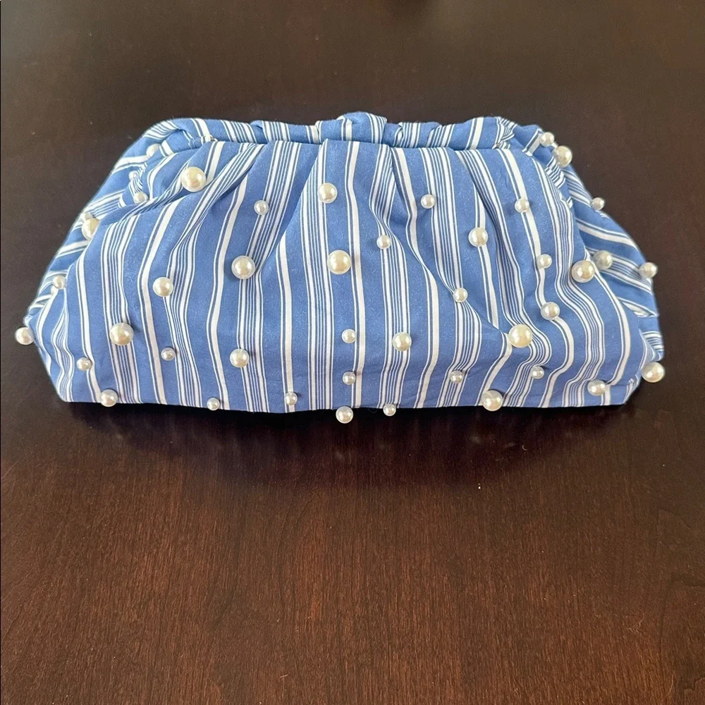 CATO Blue & White Striped Poplin with Pearls Clutch or Chain Crossbody Preppy